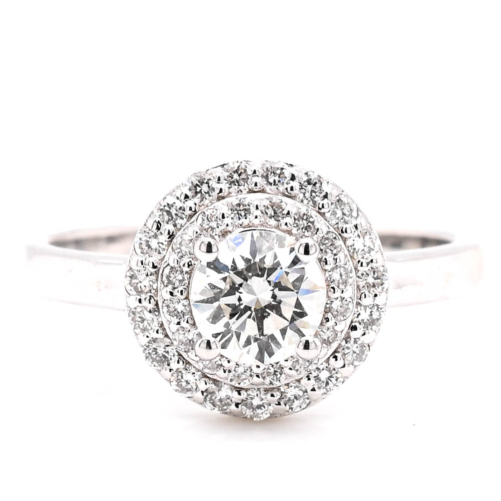 14KT White Gold 0.81CTW Round Brillinat Diamond Double Halo Set Engagement Ring.