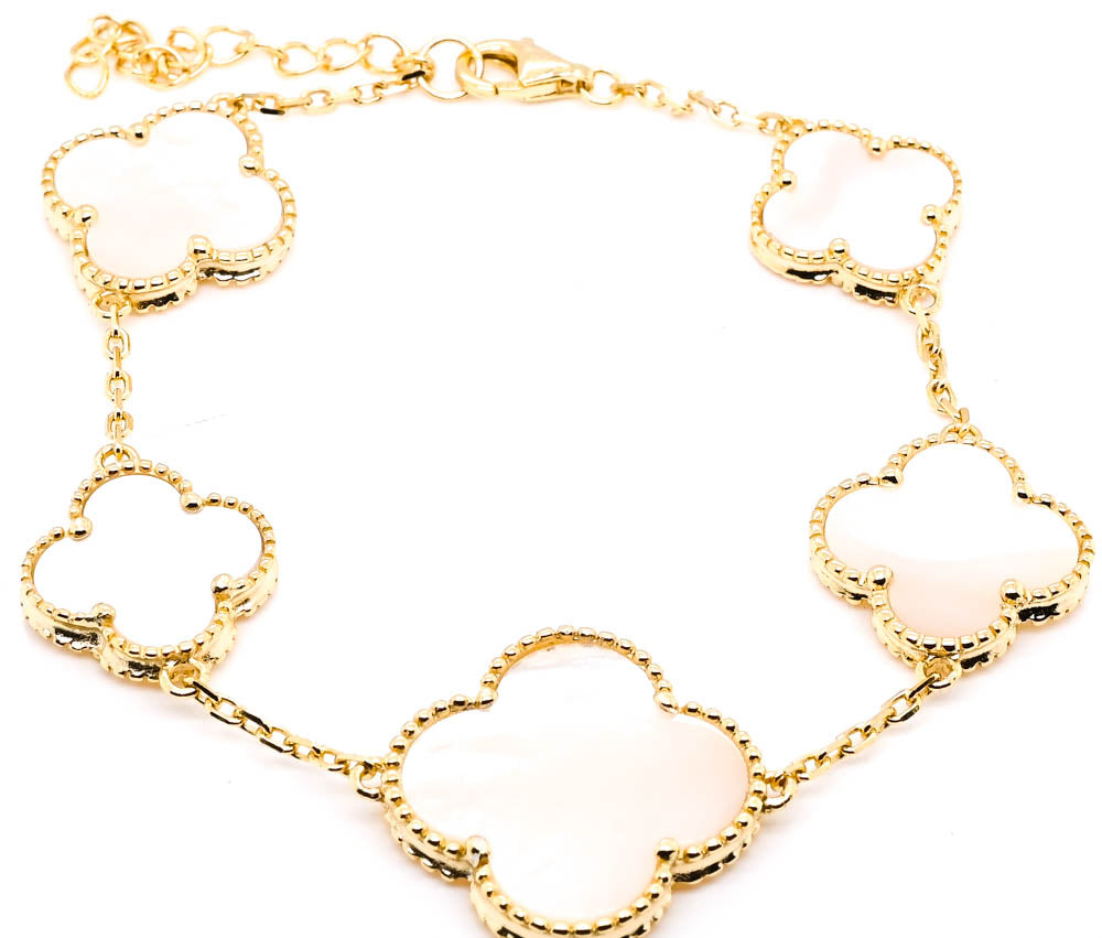 Sterling Silver 14KT Yellow Gold Plated 8" Mother of Pearl Flower Bracelet.