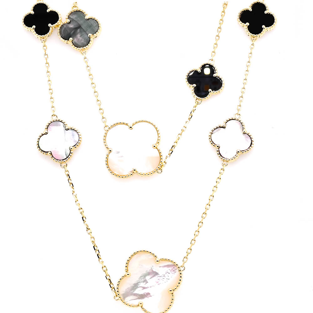 Sterling Siilver 36" Onyx & Mother of Pearl Multi Clover Necklace.