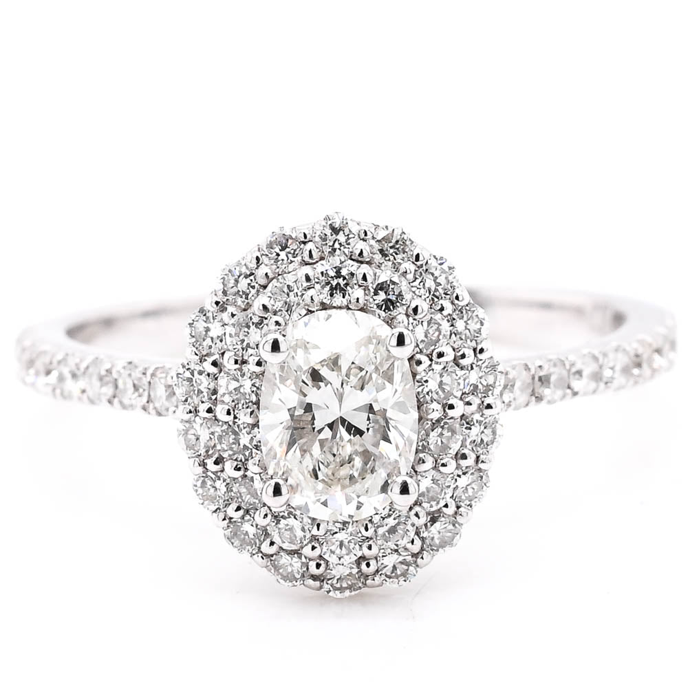 14KT White Gold 1.00CTW Oval Shape Diamond Double Halo Set Engagement Ring.