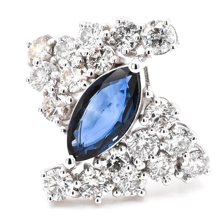 14KT White Gold 1.30CT Marquise Shaped Blue Saapphire & Diamond Ring.
