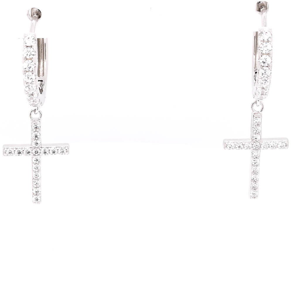 Sterling Silver C.z Drop Cross Earrings.
