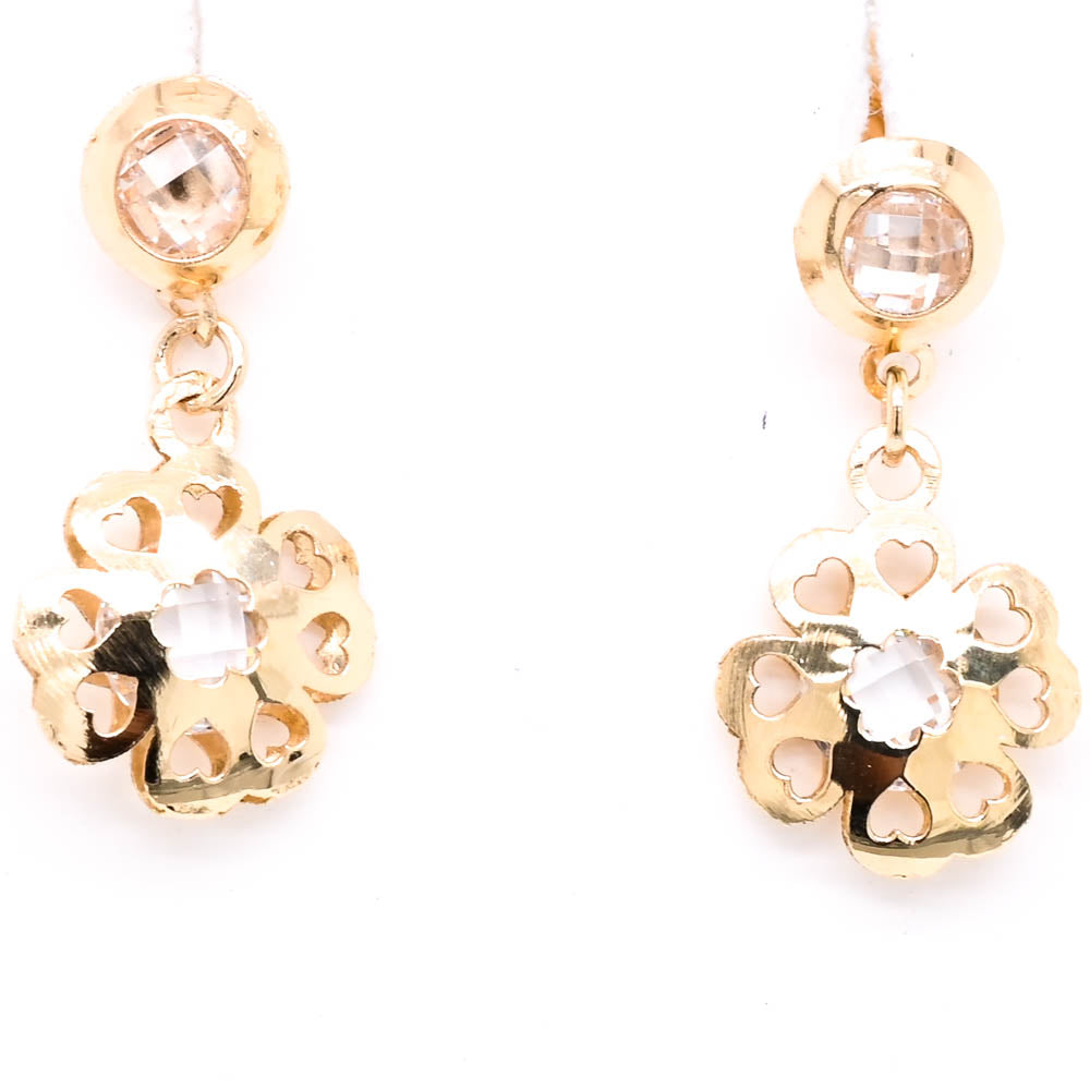 10KT Yellow Gold C.Z Flower Dangle Earrings.