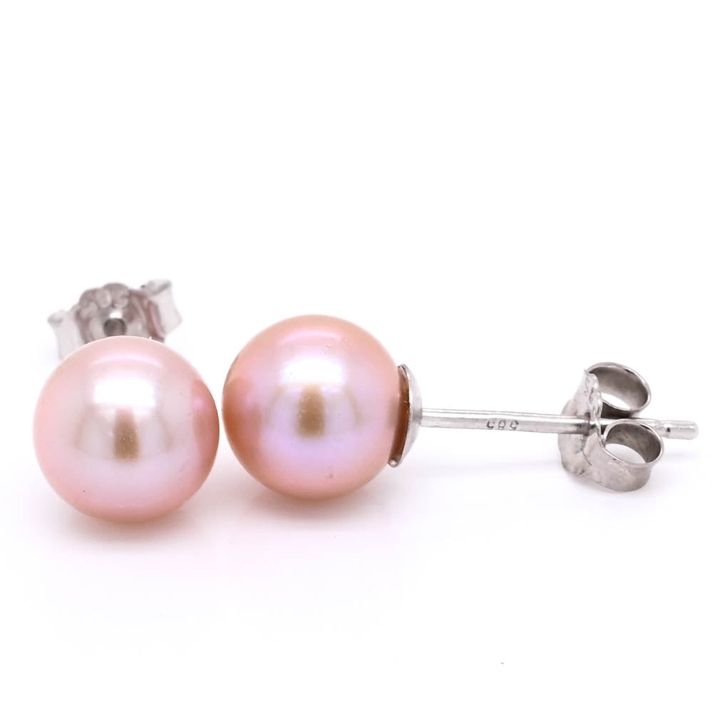 14KT White Gold 7.5-8mm Pink Pearl Stud Earrings.
