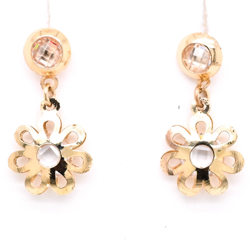 10KT Yellow Gold C.Z Flower Dangle Earrings.