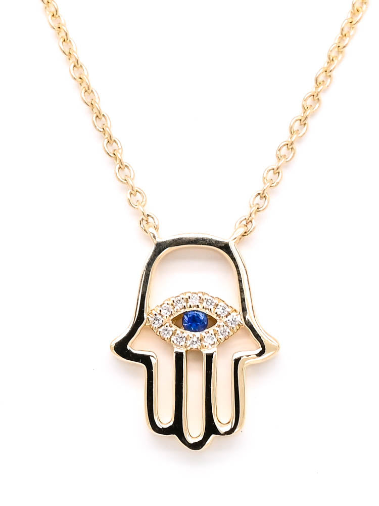 14KT Yellow Gold 18" 0.03CTW Diamond Hamsa Necklace.