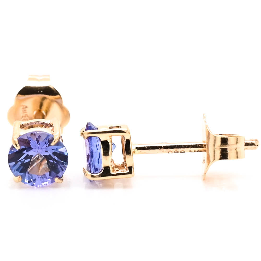 14KT Yellow Gold Round Brilliant Tanzanit Stud Earrings.