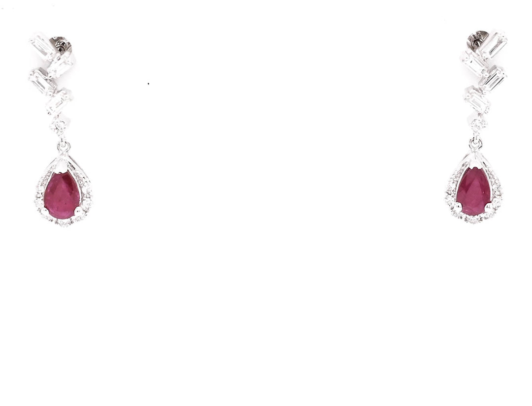 14KT White Gold 0.40CTW Pear Shape Ruby & Diamond Drop Earrings.
