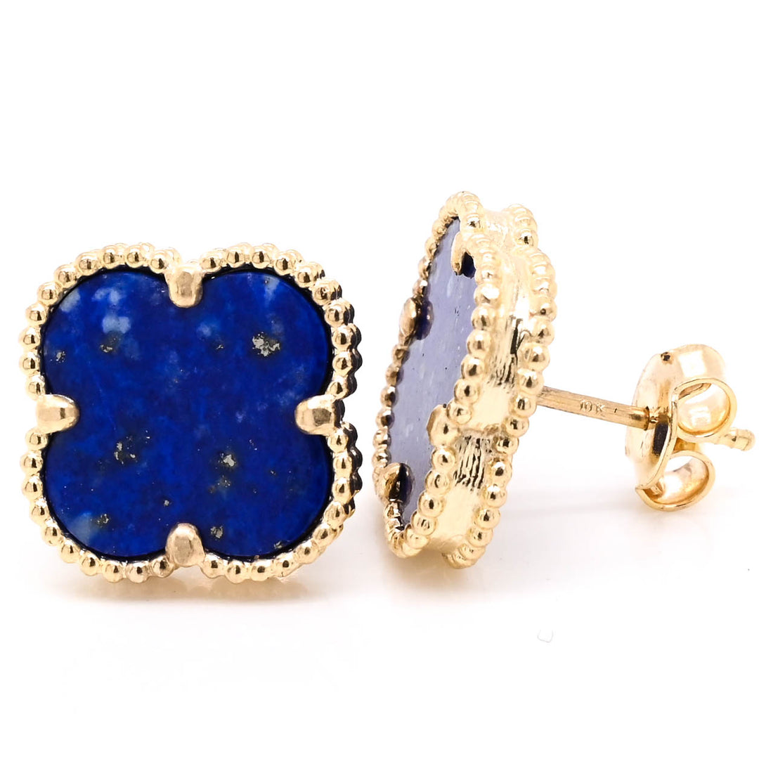 10KT Yellow Gold Lapis Flower Earrings.
