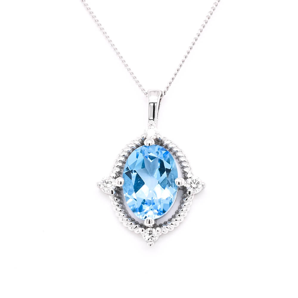 Fire & Ice 10KT White Gold 18" Oval Shape Blue Topaz & Canadian Diamond Necklace.