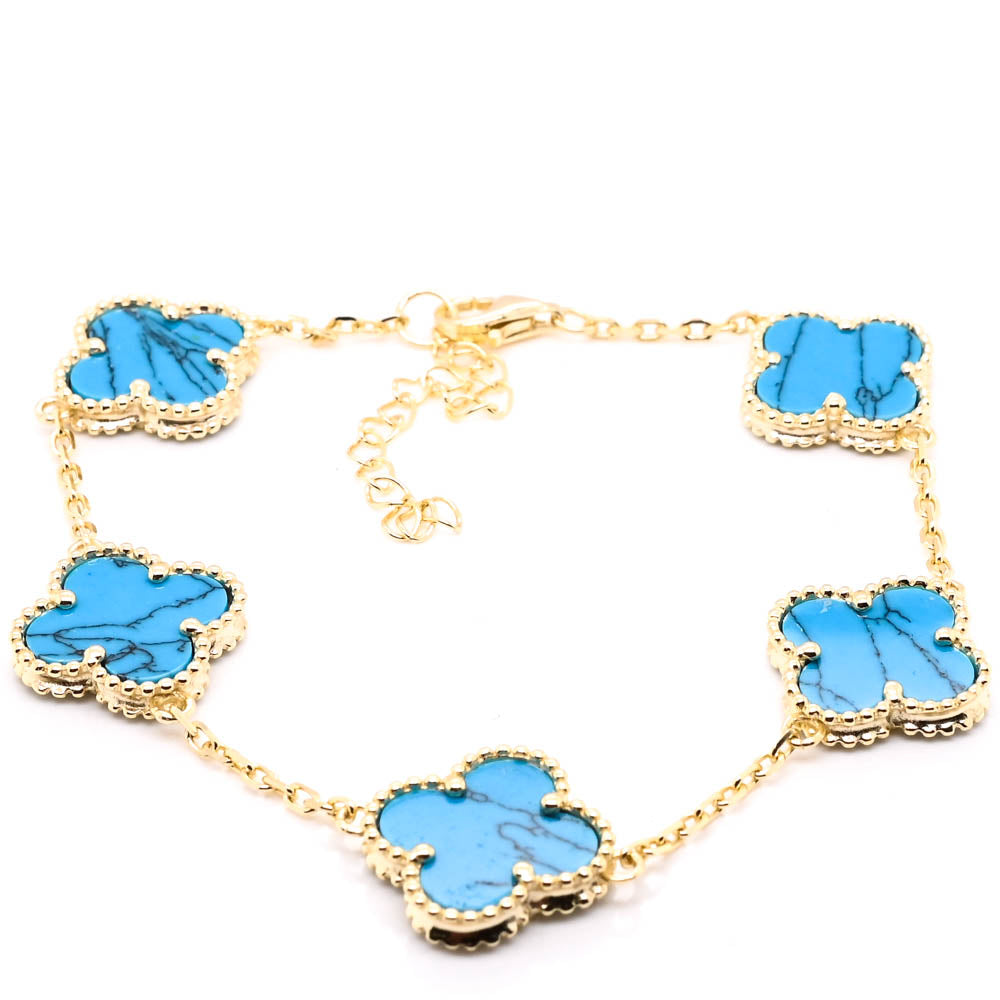 Sterling Silver Yellow Gold Plated 8" Turquoise Flower Bracelet.
