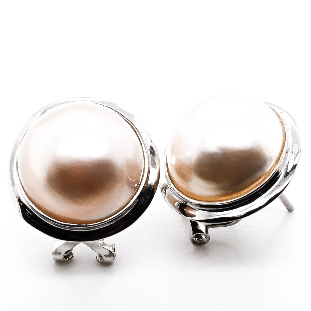 14KT White Gold 13-14MM Mabe Pearl Stud Earrings.