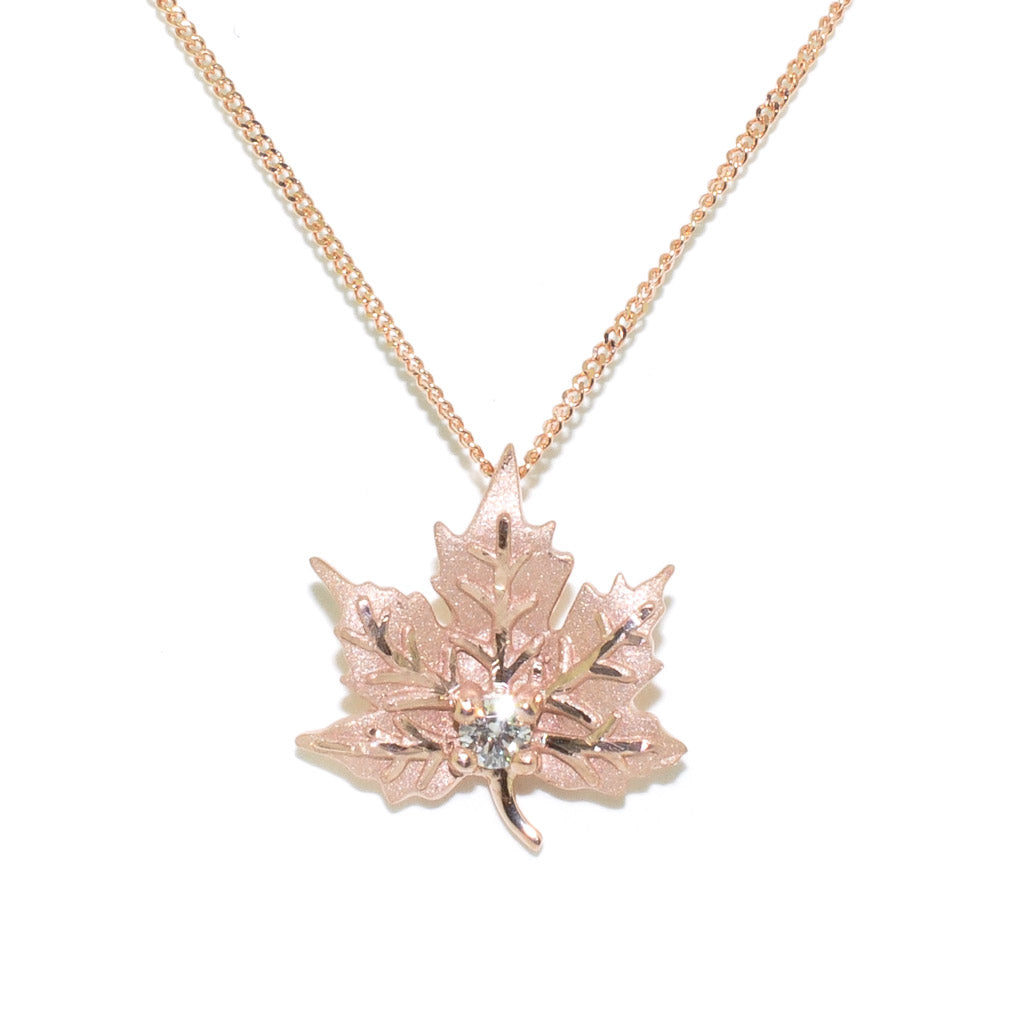 "Fire & Ice" 10KT Rose Gold 18" 0.047CT Maple Leaf Necklace.