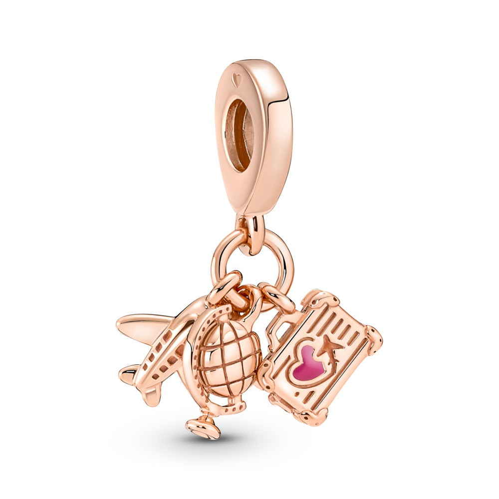 Airplane, Globe and Suitcase Triple Dangle Charm