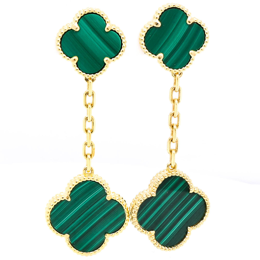 10KT Yellow Gold Malachite Flower Drop Earrings.