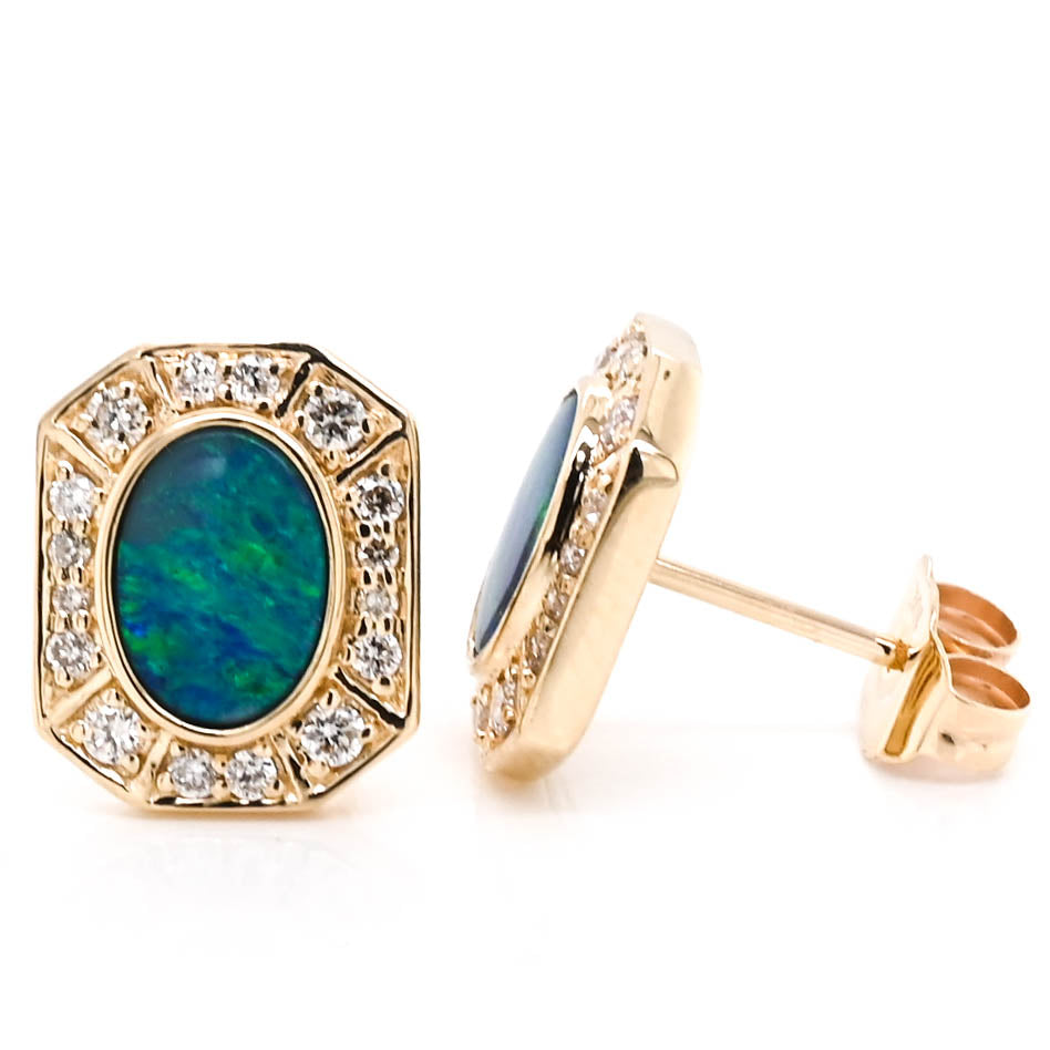 10KT Yellow Gold Doblet Opal and Diamond Earrings.