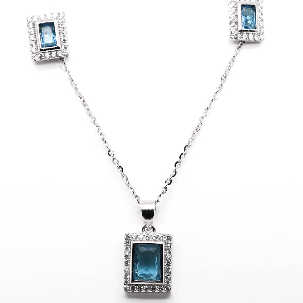 Sterling silver 18" Blue & White C.Z Necklace and Earrings Set