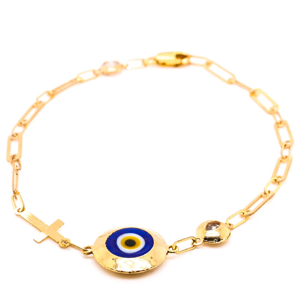 10KT Yellow Gold 7.75" C.Z Evil Eye Paper Clip Bracelet