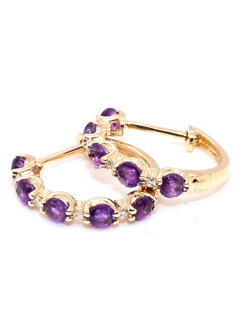 10KT Yellow Gold 14mm 0.55CT Amethyst & Diamond Huggie Earrings.