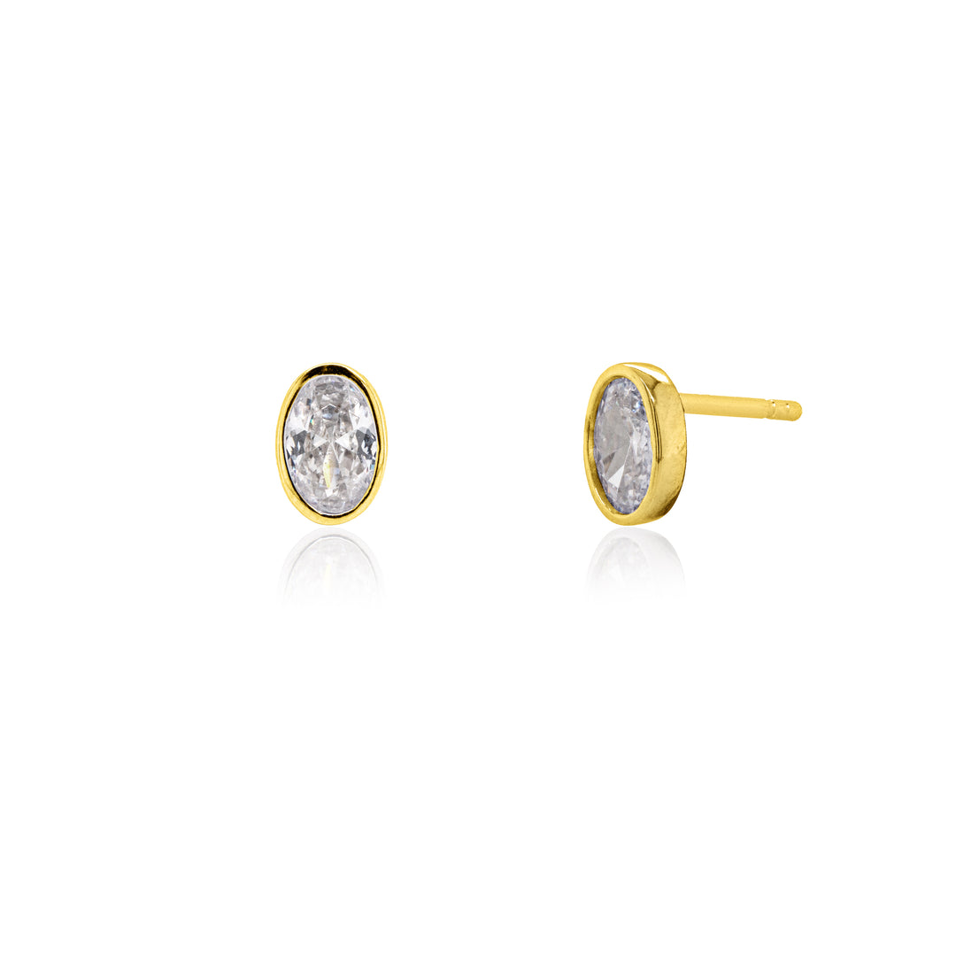 Sterling Siver Bevel Set CZ Oval Stud Earrings.