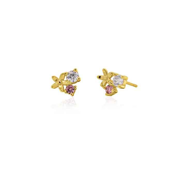 Sterling Silver Gold Vermeil CZ Danity Flower White & Pink Stud Earrings