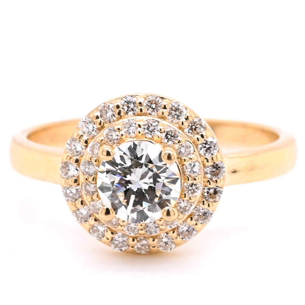 14KT Yellow Gold 0.81CTW Round Brillinat Diamond Double Halo Set Engagement Ring.