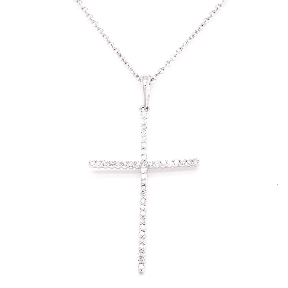 18KT White Gold 18" 0.15CTW Diamond Cross Necklace.