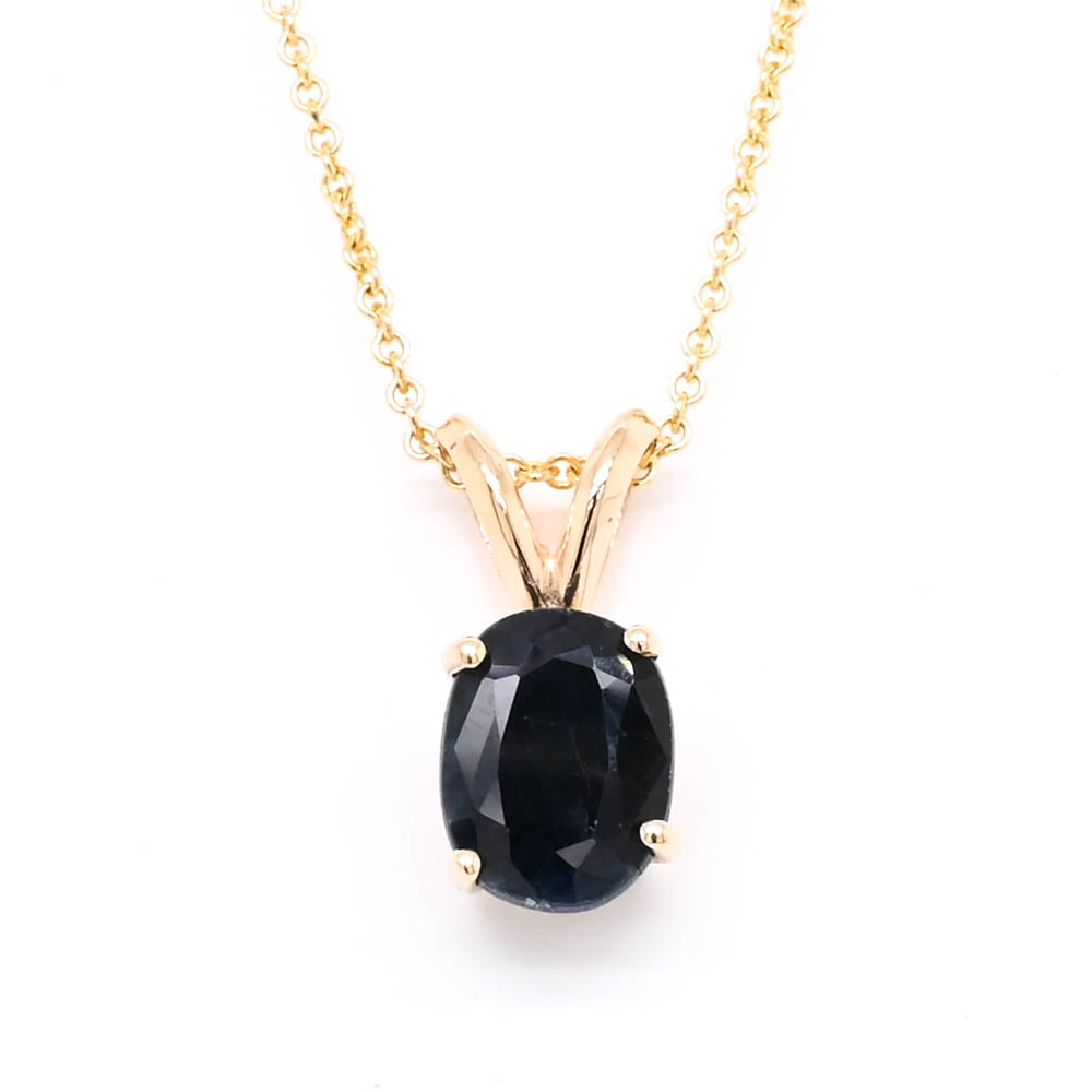 14KT Yellow Gold 18" 1.40CT Oval Shape Blue Sapphire Solitaire Necklace.