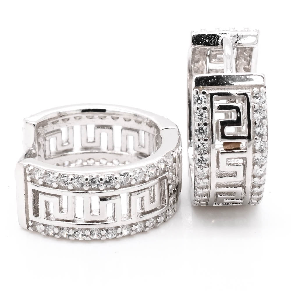 Sterling Silver C.Z Greek Key Huggie Earrings.