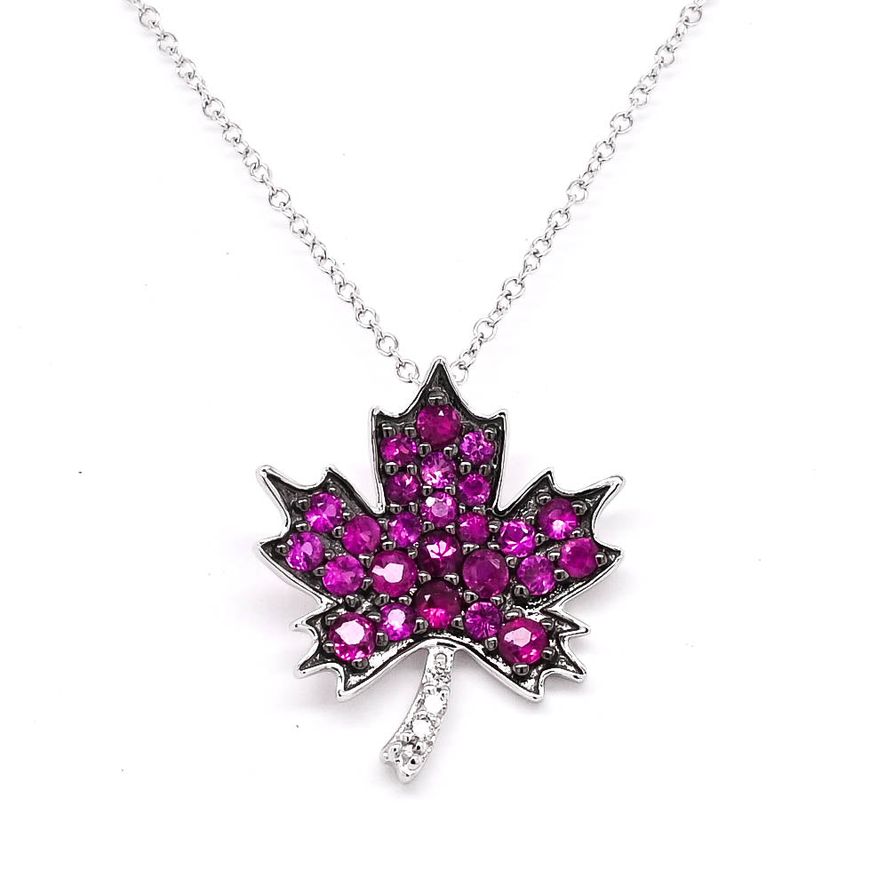 10KT White Gold 18" 0.45CTW Ruby and Diamond MapleLeaf Necklace.