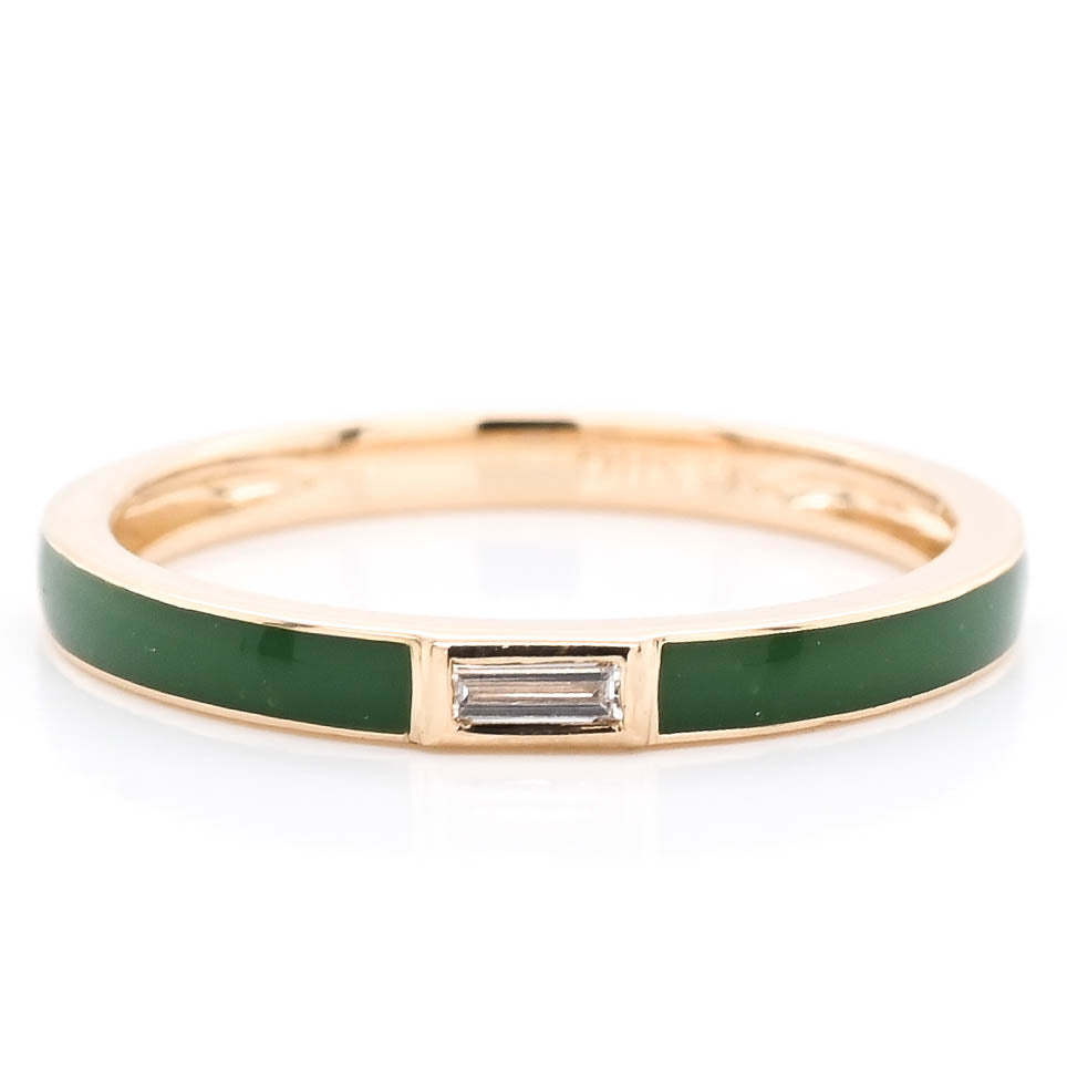 14KT Yellow Gold 0.05CT Baguette Diamond and Green Enamel Ring.