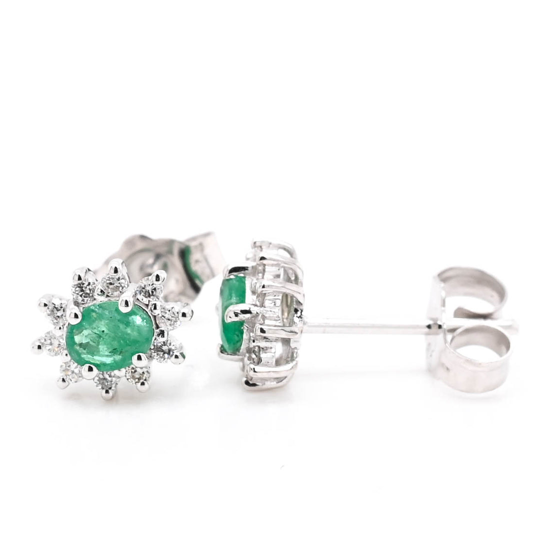 14KT White Oval Shape Green Emerald & Diamond Stud Earrings.