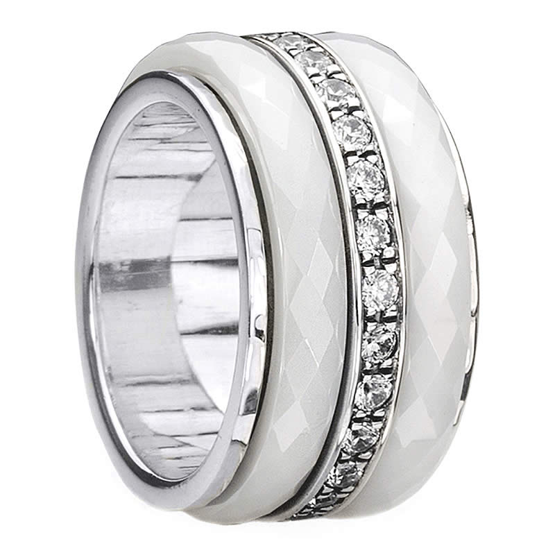 Purity Meditation Ring. Sterling Silver, White Ceramic and C.Z. Size 7.