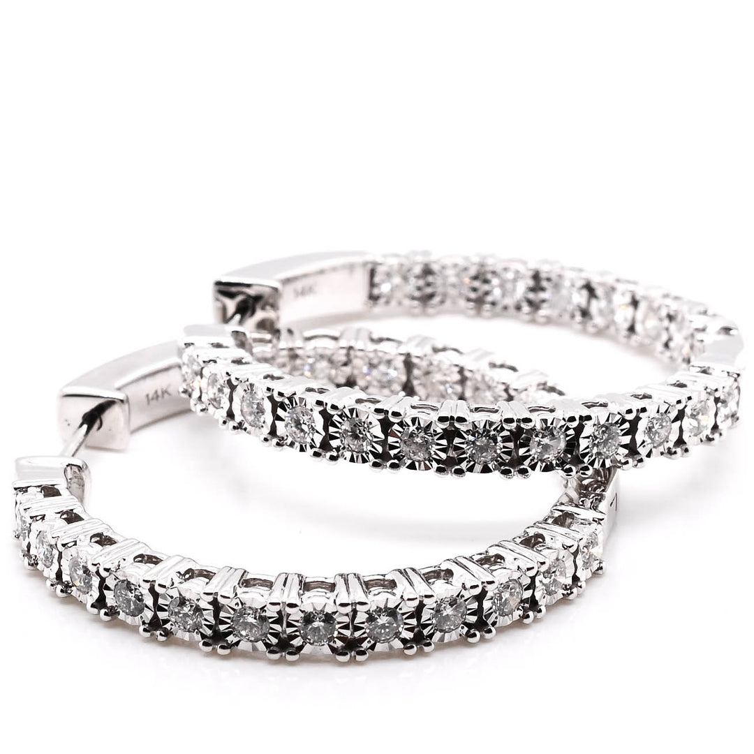 14KT White Gold 0.97CTW CTW Medium Hoop Style Backing Diamond Earrings