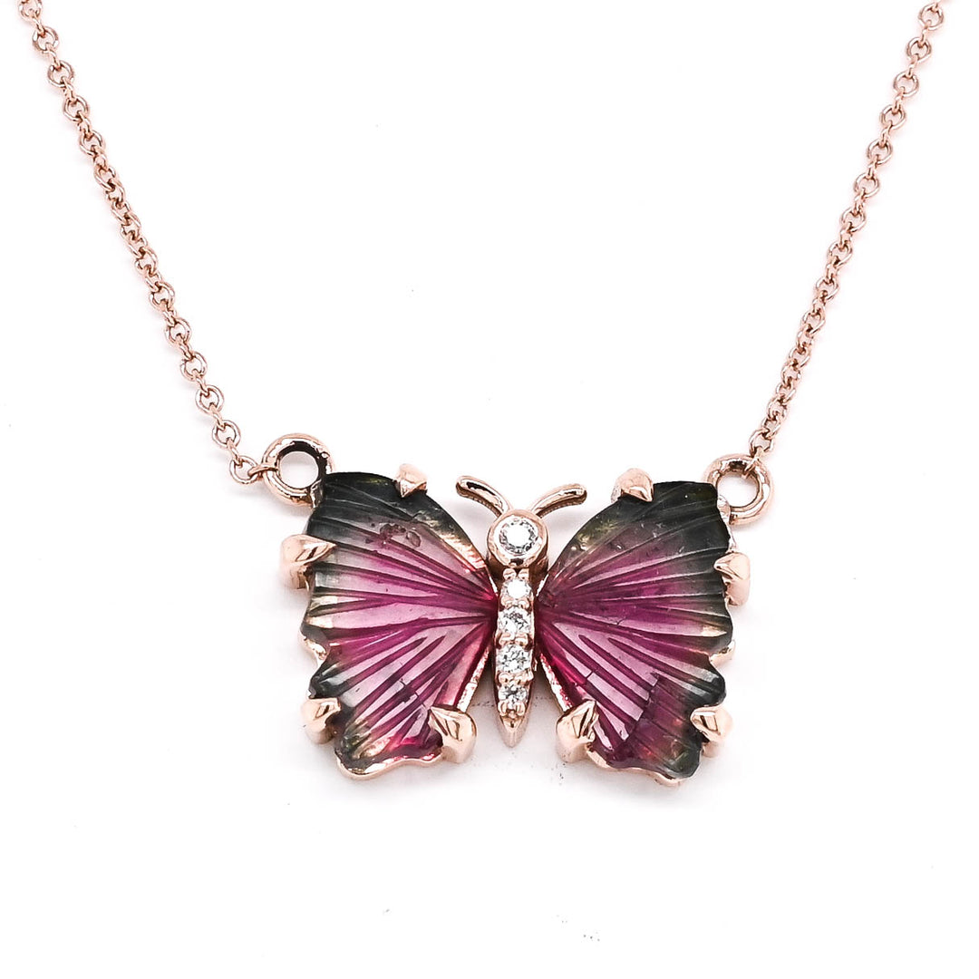 10KT Rose Gold 18" Water Melon Tourmaline & Diamond Butterfly Necklace.