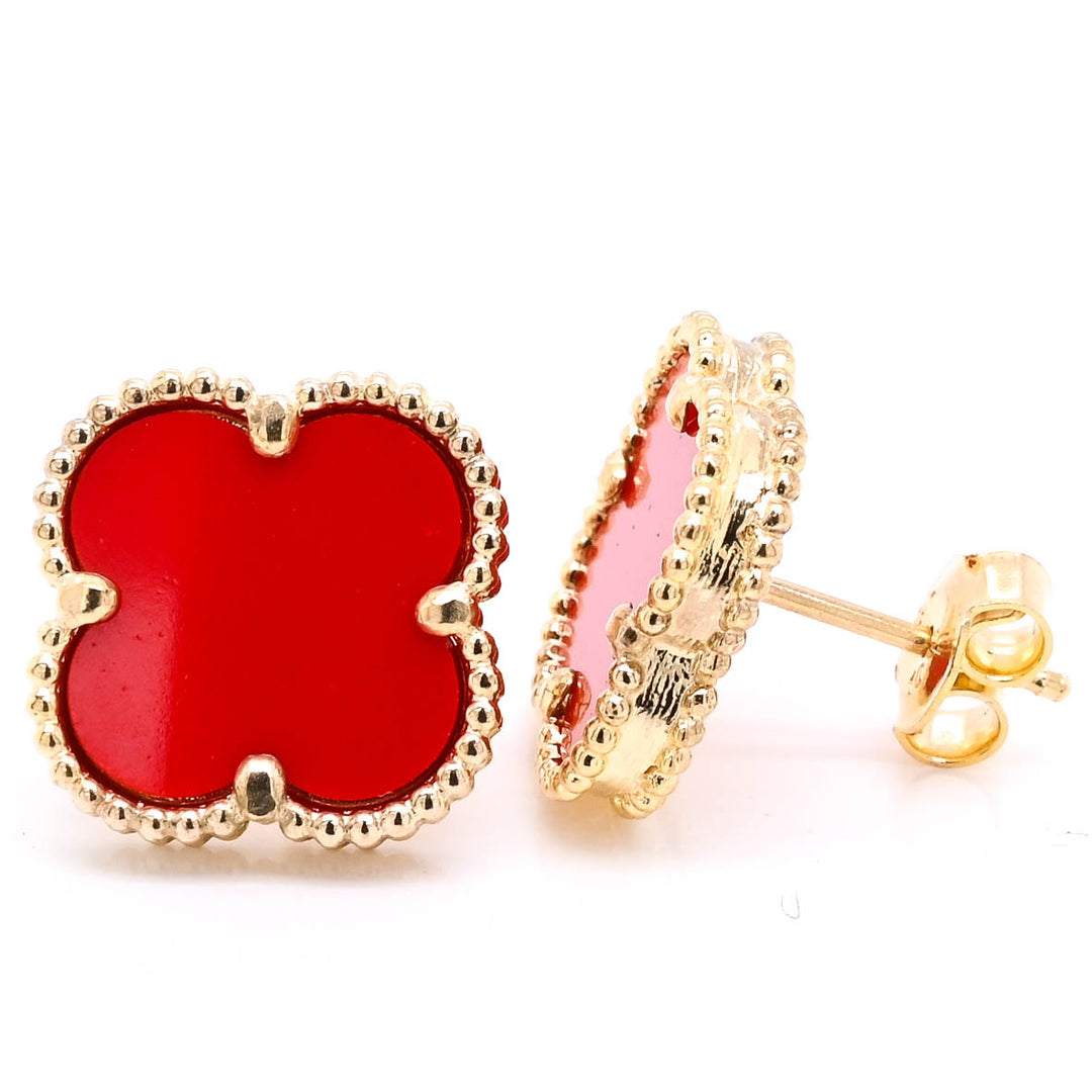 10KT Yellow Gold Red Agate Flower Earrings.