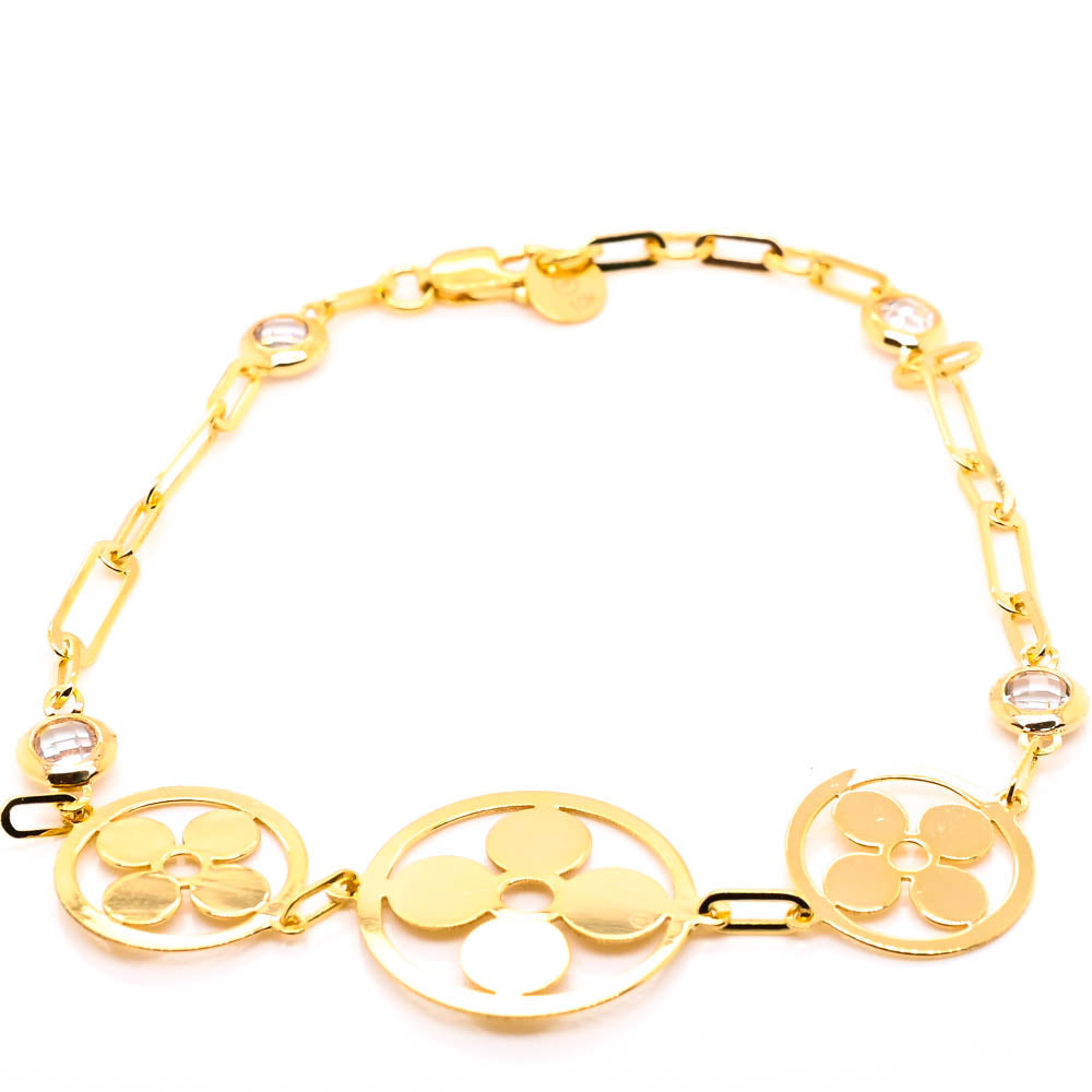 10KT Yellow Gold 7.5" C.Z Flower Paperclip Bracelet.