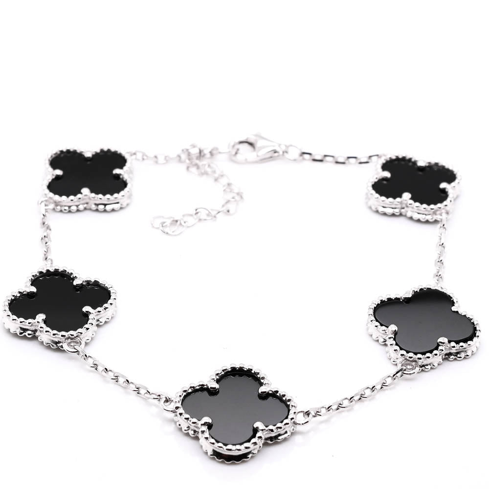 Sterling Silver 8" Black Onyx Flower Bracelet.