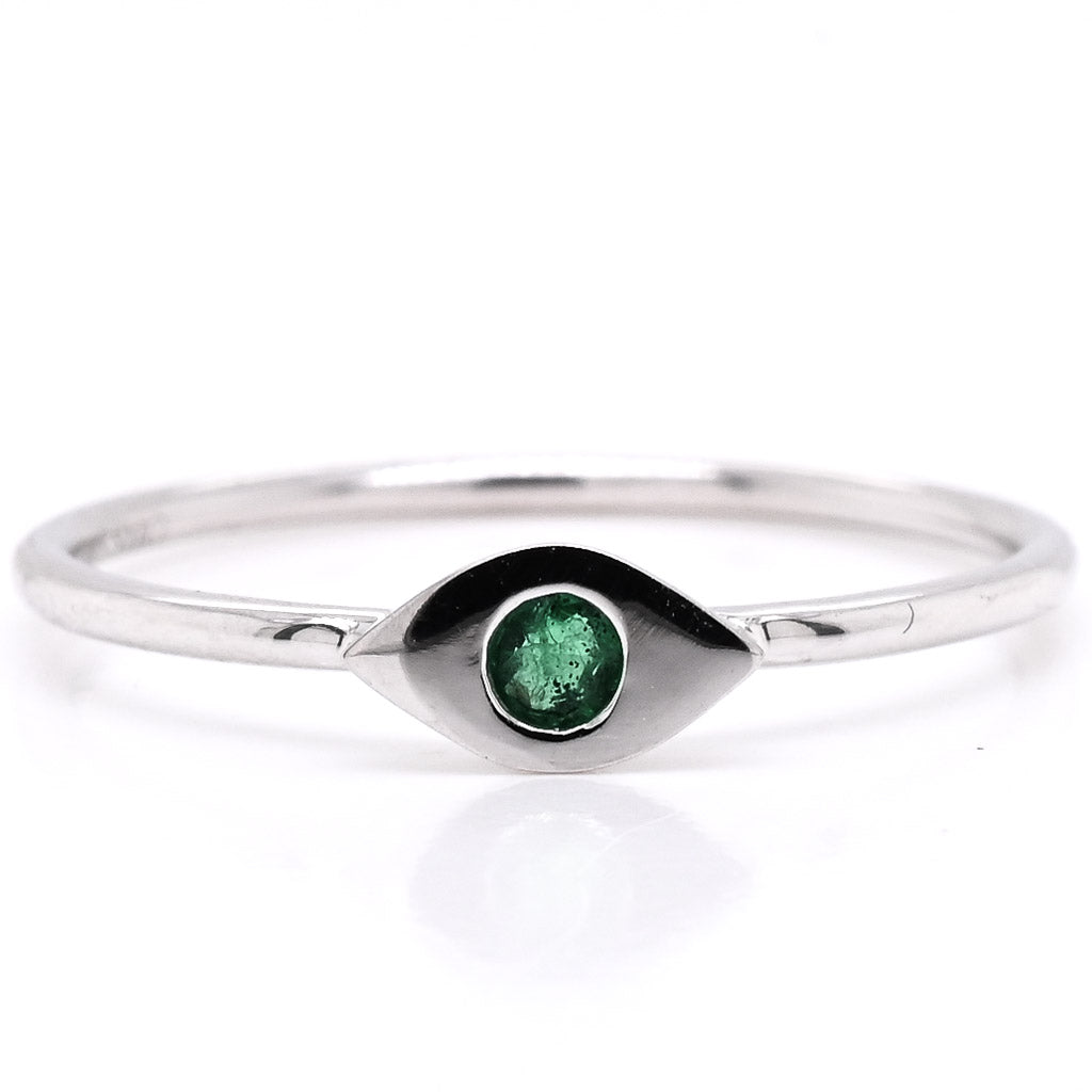 14KT White Gold 0.05CT Round Green Emerald Evileye Ring.