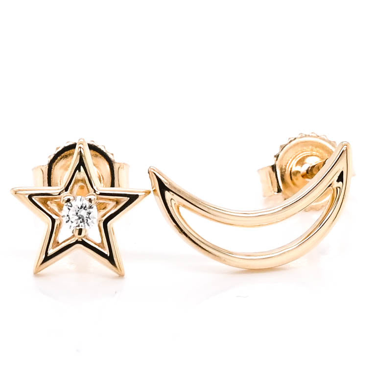 Fire & Ice 10KT Yellow Gold 0.03CTW Canadian Diamond Star & Moon Earrings.