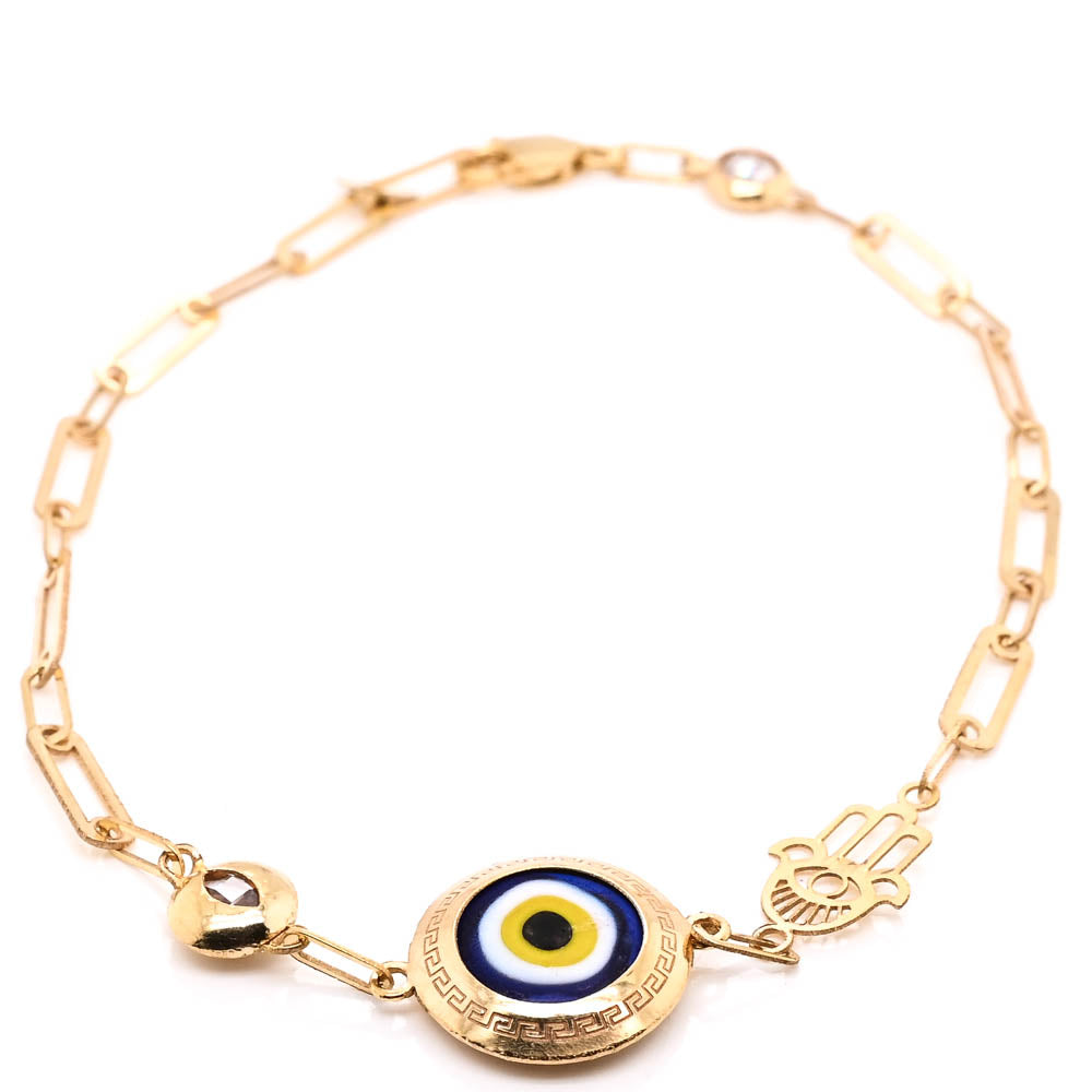 10KT Yellow Gold 7.75" C.Z Evil Eye Paper Clip Bracelet