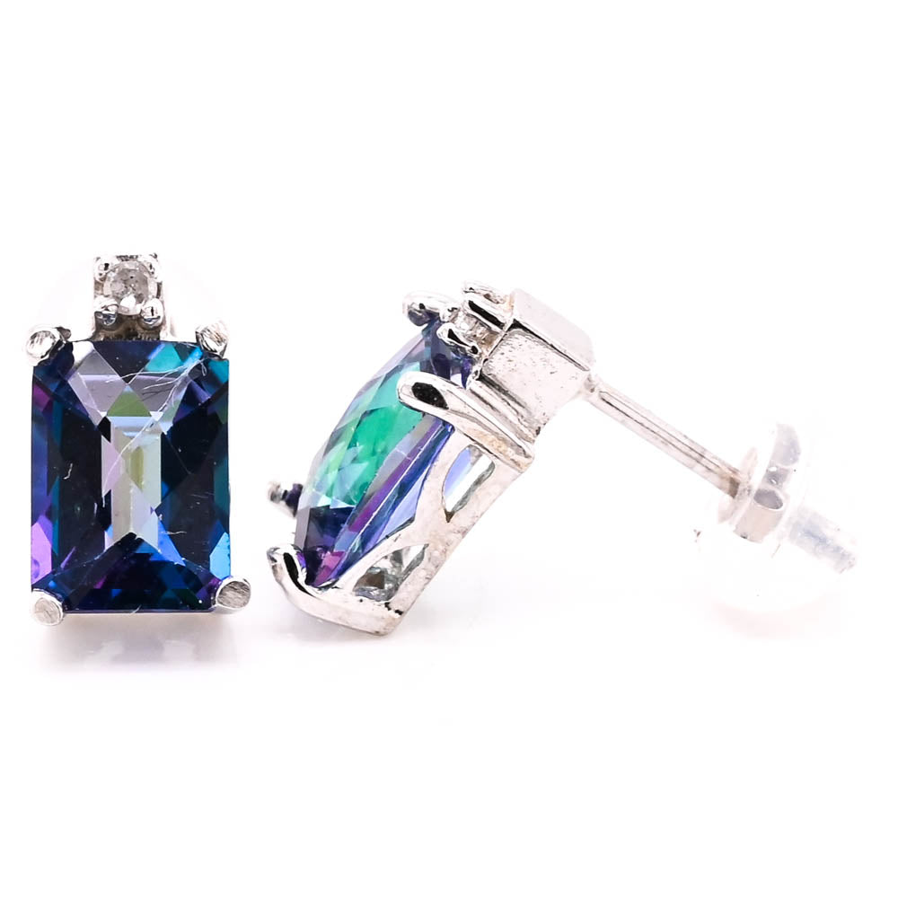 10KT White Gold Ocean Mist Topaz & Diamond Stud Earrings.