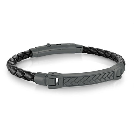 Italgem steel 8" Black Leater 3 Way Clasp Bracelet.