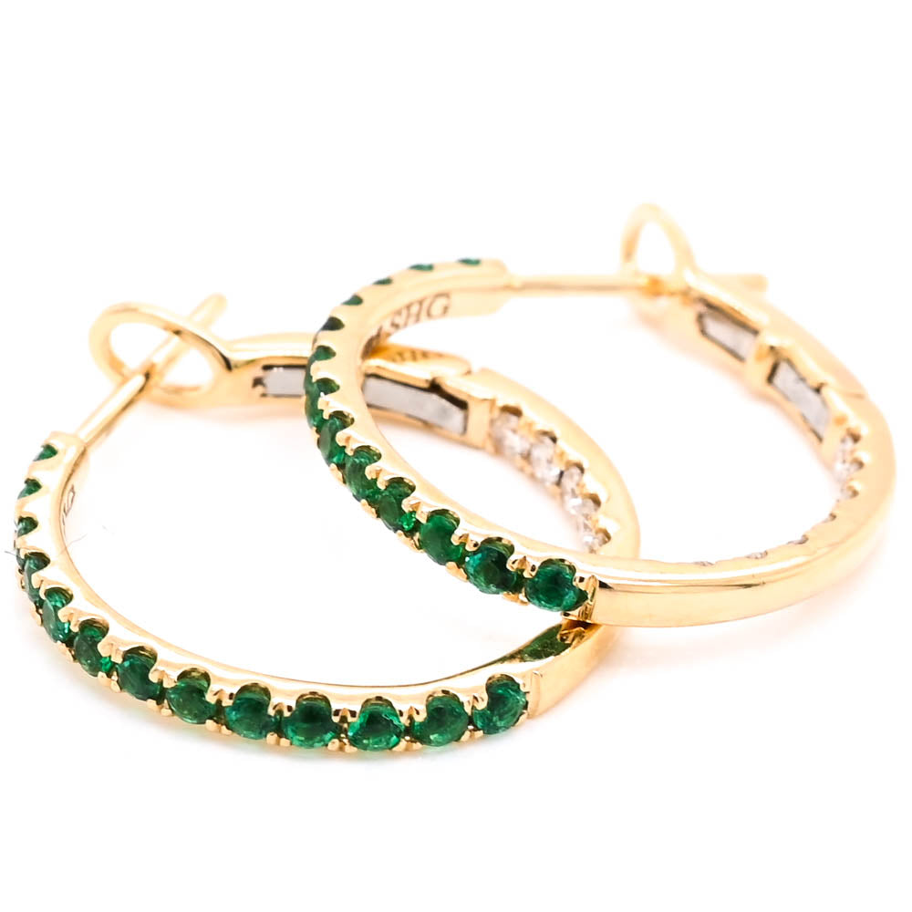 14KT Yellow Gold 0.37CTW Emerald & Diamond Hoop Earrings.