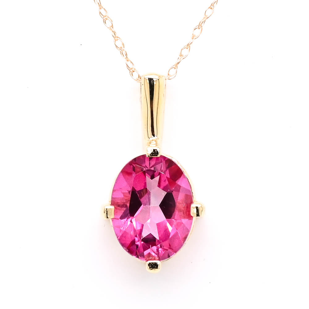 10KT Yellow Gold 18" Oval Shape Pink Topaz Necklace.