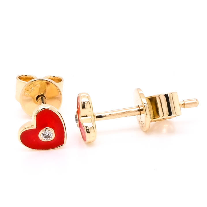 14KT Yellow Gold 0.05CTW Heart Stud Style Backing Diamond & Red Enamel Earrings