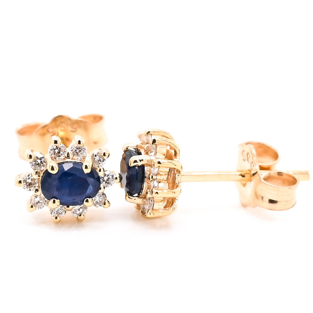 14KT Yellow Oval Shape Blue Sapphire& Diamond Stud Earrings.