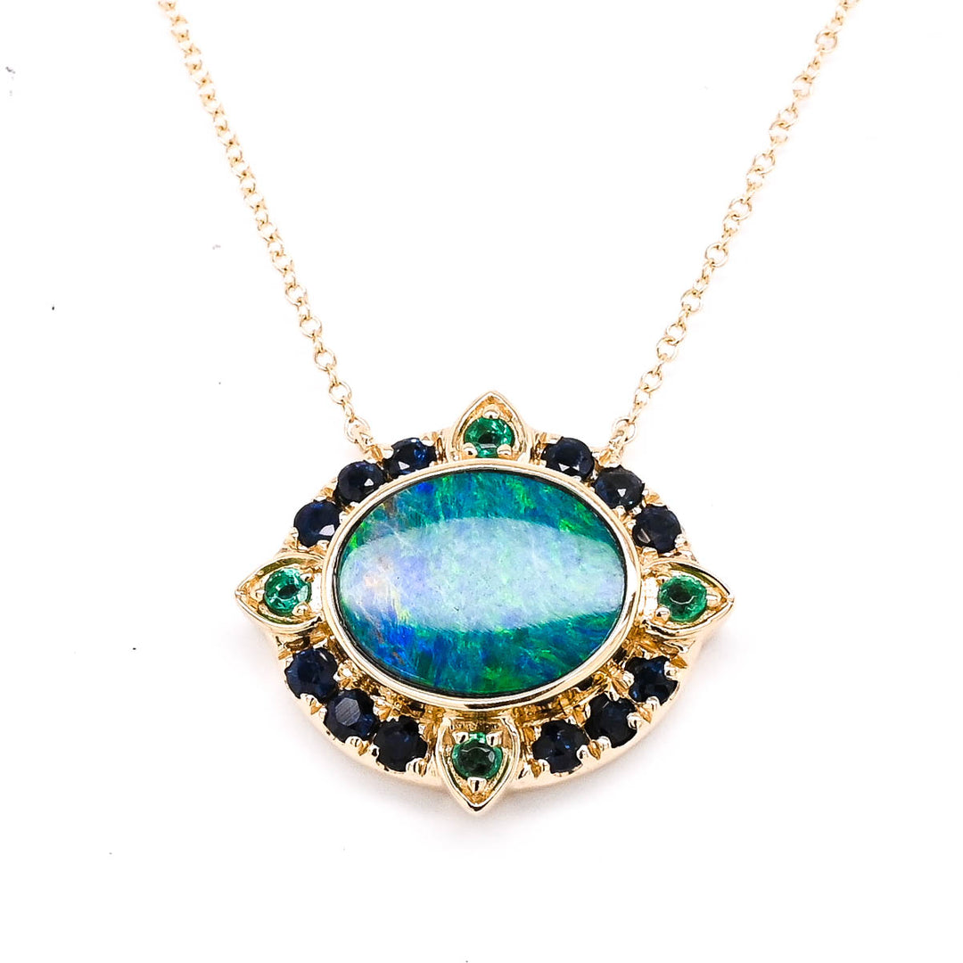 10KT Yellow Gold 18" 1.65CT Dublet Opal Blue Sapphire & Emerald Necklace.