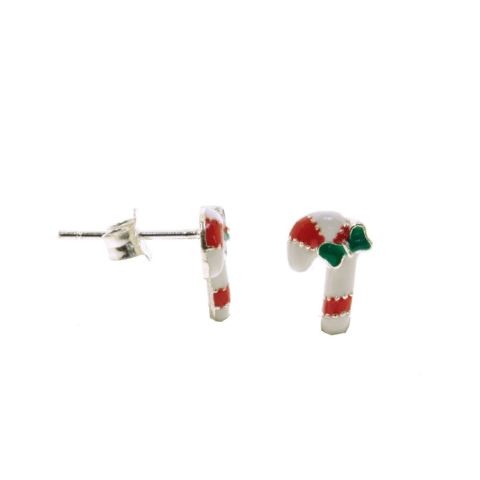 Sterling Silver Enamel Candy cane Stud Earrings