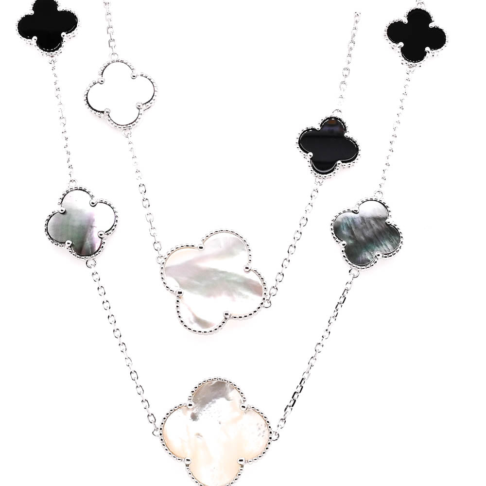 Sterling Siilver 36" Onyx & Mother of Pearl Multi Clover Necklace.